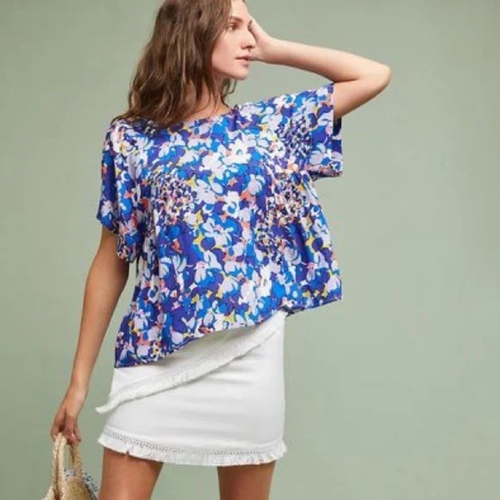 MAEVE Anthropologie Milla Blue Floral Short Sleeve Top size S - Picture 2 of 5